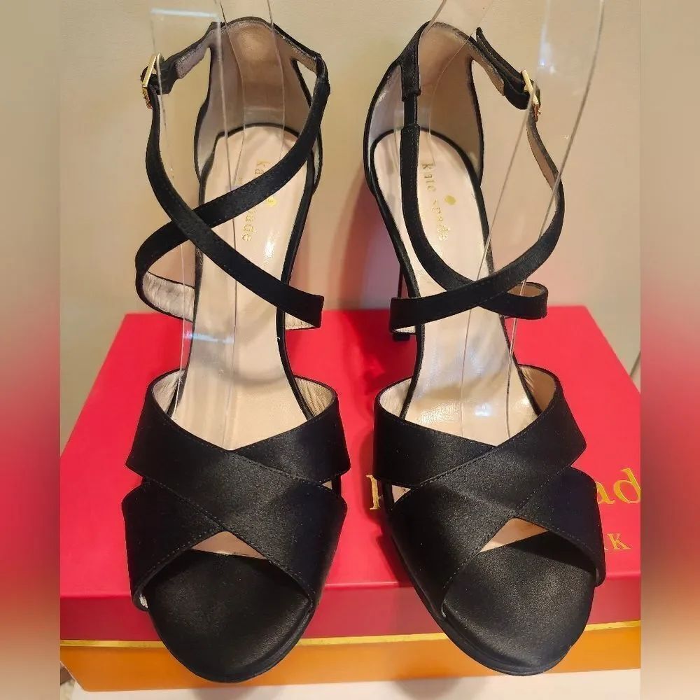 Kate Spade New York Black Satin Strappy Stiletto Sandals Sz.9 Ret. $378 - Picture 2 of 9